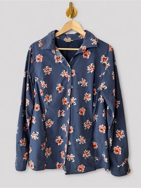 Duluth Trading Blue Gray Floral Button Front Shirt Long Sleeve Work Blouse